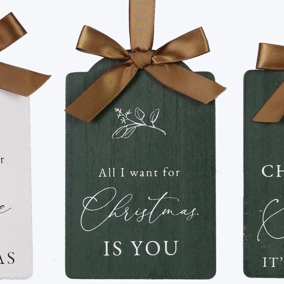 4-Piece Wintergreen, White Ornaments/Gift Tags Silky Ribbon Bow, Festive Sayings - Picture 3 of 5
